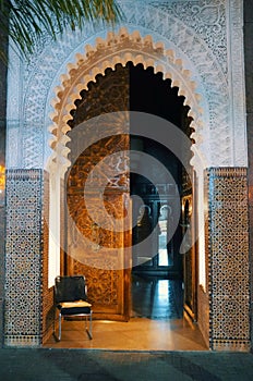 Ornate doorway at night in Marrakesh, Morocco during Ramadan