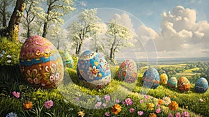 Ornate Easter Eggs on a Spring Hillside
