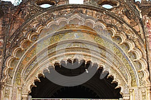Ornate entrance gate of Durga temple, Rajnagar palatial complex ruins, Bihar,