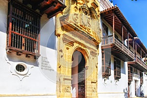 Ornate entrance to the Palace of the Inquisition, built in 1770, now the History Museum in the Historic centre of Cartagena in