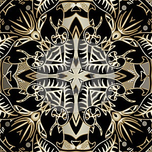 Ornate ethnic style floral greek vector seamless pattern. Geometric black and gold background. Greek key meanders