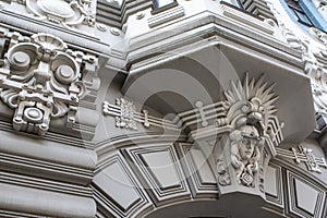 Ornate facade of an art nouveau building in Riga, Latvia