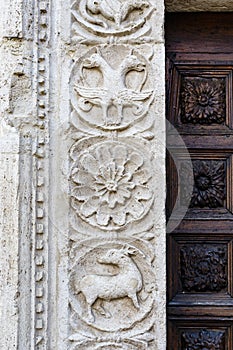 Ornate facade of the Duomo Cathedral of San Rufino in Assisi, Umbria, Italy