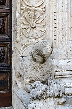 Ornate facade of the Duomo Cathedral of San Rufino in Assisi, Umbria, Italy