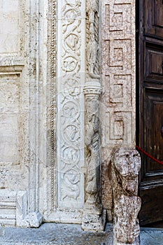 Ornate facade of the Duomo Cathedral of San Rufino in Assisi, Umbria, Italy