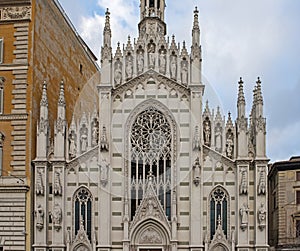 Ornate facade exterior of catholic church in city centre