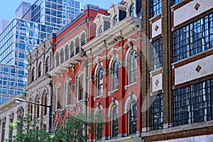 Ornate facades of preserved 19th century office buildings