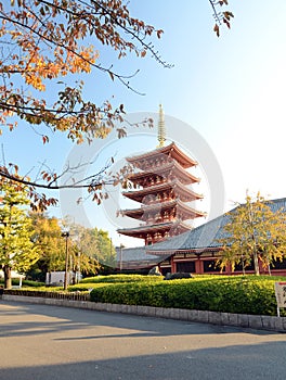 Ornate five-storey pagoda at Sensoji Temple in Tokyo, Japan.