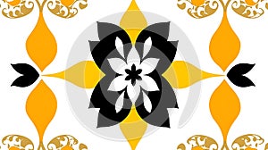 Ornate floral design pattern in black, white, and gold on yellow photo