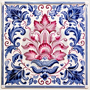 Ornate Floral Design Tile In Navy And Magenta With Baroque Ornamental Details photo