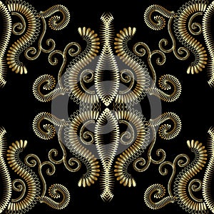 Ornate floral gold 3d seamless pattern. Abstract vector patterned background. Vintage doodle fantastic ornaments. Swirl figured l