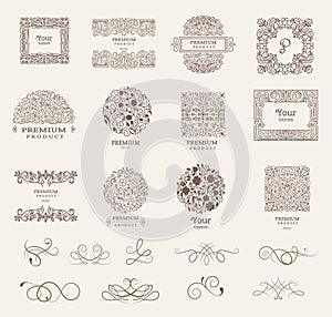 Ornate frames and Collection of design elements,labels,icon for packaging,design of luxury products. vector