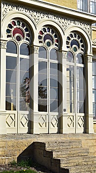 Ornate french doors on a historic building
