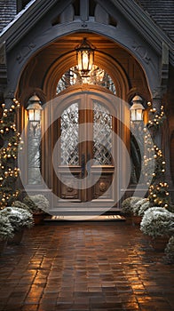 Ornate Front Door and Porch of A House with Beautiful Christmas Lights on A Winter Evening