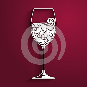 Ornate glass of wine. Vector element for wine list, menu design template. Vector illustration.