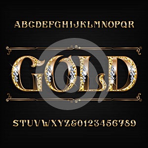 Ornate gold alphabet font. Jeweler golden letters and numbers with diamond gemstones.