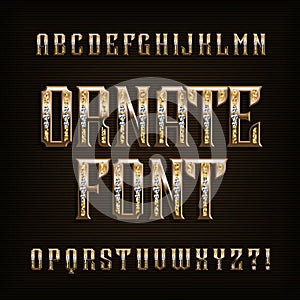 Ornate gold alphabet font. Vintage golden letters and numbers with diamonds.
