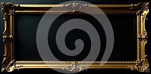 Ornate gold baroque frame, square, black backdrop , reflection, gold leaf