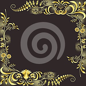 Ornate gold with a black frame in oriental style. Floral corner golden elements on black background