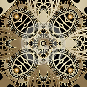 Ornate gold floral 3d vector seamless pattern. Ornamental modern background. Vintage oriental Paisley ornaments. Surface golden