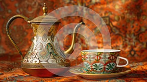 The ornate teapot and teacup.AI generated image