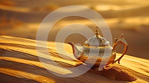 An ornate gold teapot rests gracefully on desert sands, Ai Generated