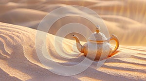 An ornate gold teapot rests gracefully on desert sands, Ai Generated