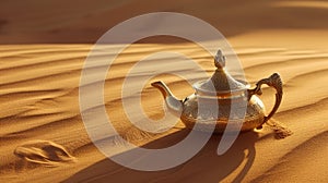 An ornate gold teapot rests gracefully on desert sands, Ai Generated