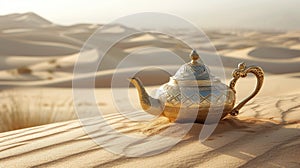 An ornate gold teapot rests gracefully on desert sands, Ai Generated