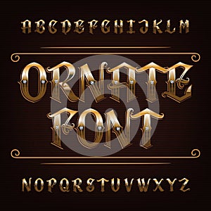 Ornate golden alphabet font. Vintage letters and numbers with diamonds.