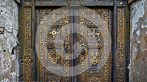Ornate golden carvings on a historic church\'s wooden doors