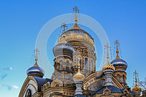 Ornate golden domes and crosses of the Russian Orthodox Church of the Assumption of Mary in Saint Petersburg Russia