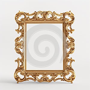 Ornate golden picture frame in the 19th century style against a completely white background. ideal as a mockup or for interior