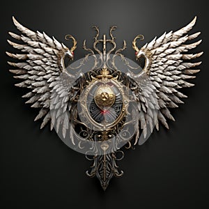 an ornate golden shield with wings on a black background