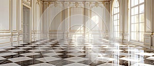 An ornate and grand palace hall with intricate wall paneling, arched doorways, and a magnificent checkered marble floor