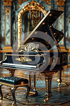 Ornate grand piano in an opulent room with intricate design and golden details.