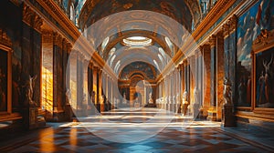 An ornate hallway featuring intricate ceiling frescoes statues and paintings bathed in warm sunlight streaming through windows photo