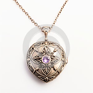 Ornate Heart Locket With Purple Accent Stones And Chain
