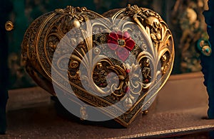 Gold Ornate Heart Shaped Jewelry Box - Generative AI