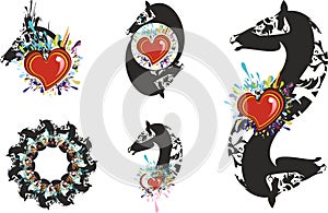 Ornate horse head symbols with red heart elements on a white background