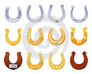 Ornate horseshoes set vector flat illustration golden, silver and wooden symbol of lucky fortune