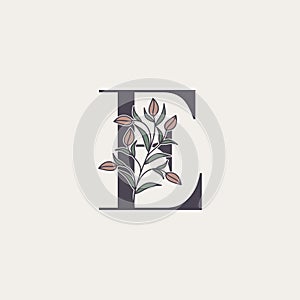 Ornate Initial Letter E logo icon, vector alphabet with flower and natural leaf designs