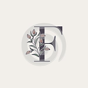 Ornate Initial Letter F logo icon, vector alphabet with flower and natural leaf designs