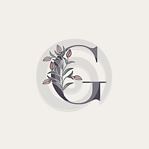 Ornate Initial Letter G logo icon, vector alphabet with flower and natural leaf designs
