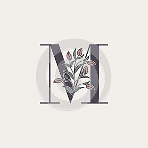 Ornate Initial Letter M logo icon, vector alphabet with flower and natural leaf designs