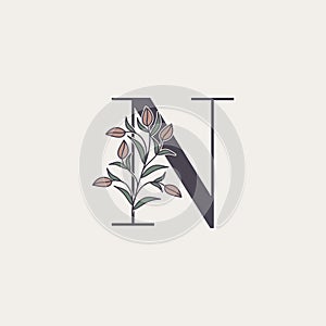 Ornate Initial Letter N logo icon, vector alphabet with flower and natural leaf designs