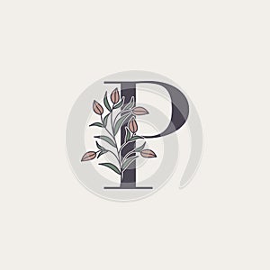 Ornate Initial Letter P logo icon, vector alphabet with flower and natural leaf designs