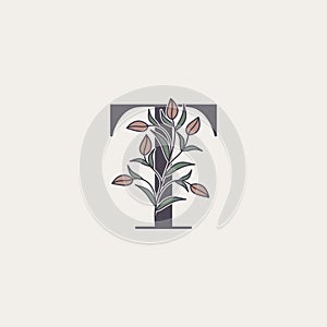 Ornate Initial Letter T logo icon, vector alphabet with flower and natural leaf designs
