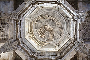 Ornate interior of the Adinatha temple,  a Jain temple in Ranakpur, Rajasthan, India