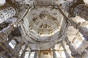 Ornate interior of the Adinatha temple,  a Jain temple in Ranakpur, Rajasthan, India